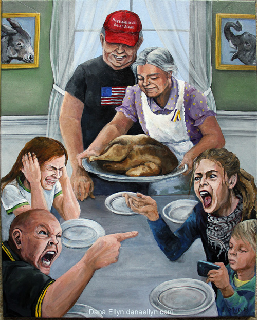 Unsettled Modern Thanksgiving painting, acrylic on canvas by Dana Ellyn