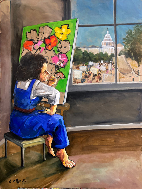 Painter seated at an easel inside a studio with the U.S. Capitol and protest signs visible through a large window