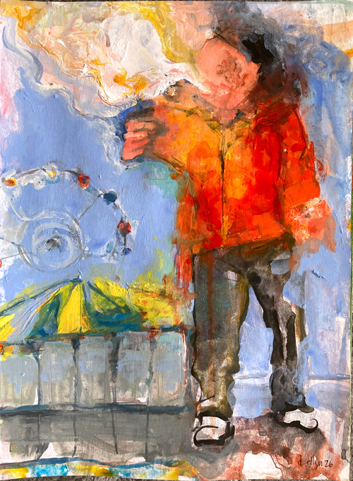 Breathing the Air, acrylic on paper by Dana Ellyn: figure in orange jacket exhaling a plume by a Ferris wheel, 11x14 in.