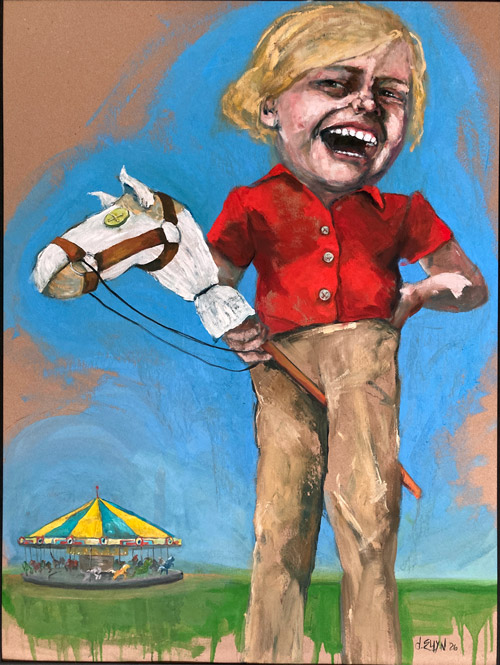 The One That Got Away, oil on chipboard by Dana Ellyn: laughing blonde girl holds a hobby horse, carousel behind, 30 x 40 in