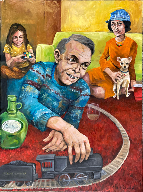 Nostalgia, oil on canvas by Dana Ellyn — man reaching for a toy train as family looks on behind him, 30x40 inches