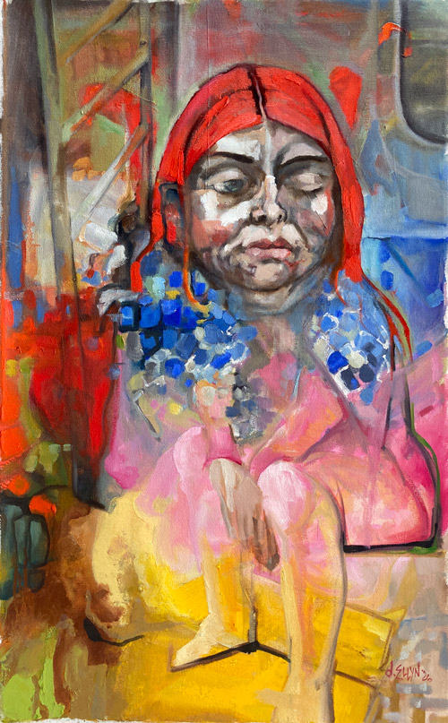 Q Train to Coney Island, oil on canvas painting by Dana Ellyn, woman dozing on a subway with one eye open, 17 x 28 inches