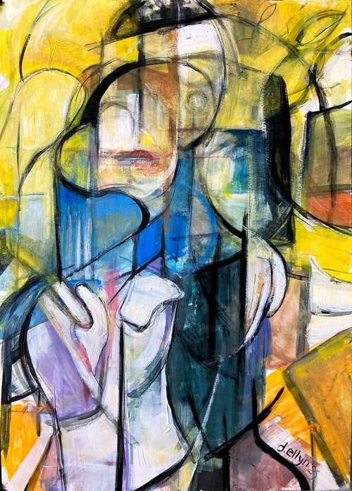 Two overlapping abstract figures outlined in black against a bright yellow background with layered blues and greens