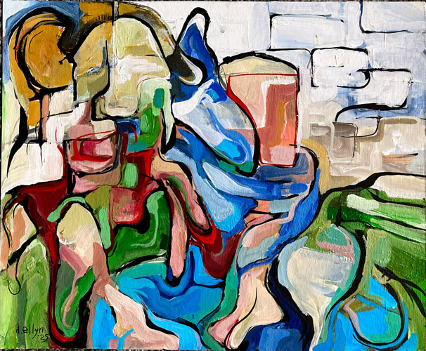Abstract painting with bold black contours; seated figure-like forms in green, blue, and red before a pale brick wall