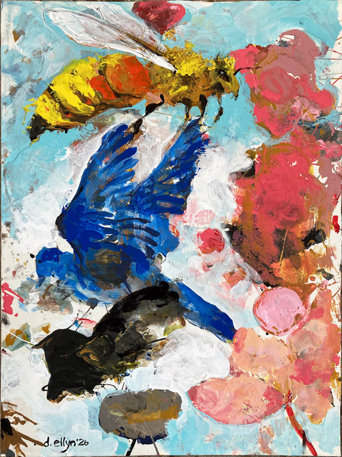 Abstract palette-press painting with a yellow bee, a blue bird, dark bird-like form, and pink flower shapes on pale blue background