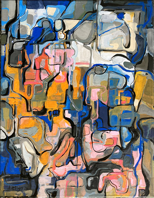 Layered abstract composition of interlocking geometric forms in blue, gray, orange, and pink with bold black contour lines and overlapping blocks of color