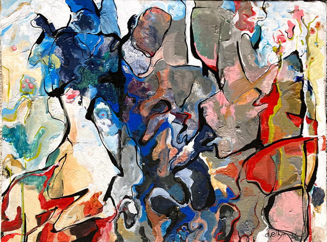 Abstract painting in layered greens, blues and warm tones suggesting landscape and memory through expressive brushwork