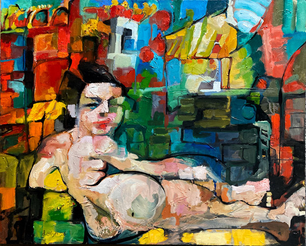 Seated nude figure reclining in a green chair before colorful storefronts