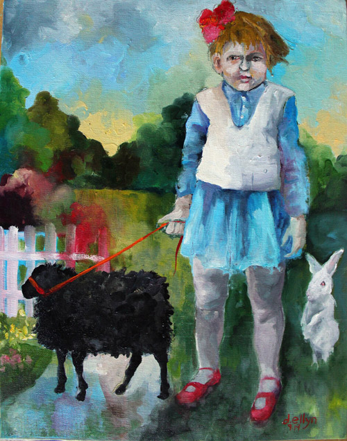 Young girl in a blue dress holding a red leash attached to a black lamb while a white rabbit stands beside her in a bright garden landscape