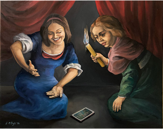 Two women in period dress kneel beneath red drapery, one holding a candle as both focus on a glowing smartphone placed on the floor