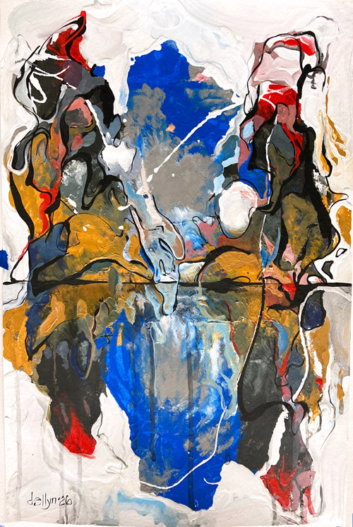 Abstract painting with two kneeling forms suggested in layered blue, red, gold and white with mirrored reflection below