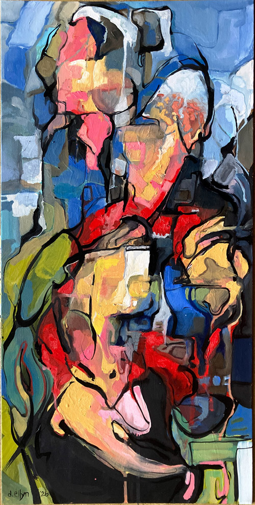 Vertical abstract painting of overlapping figures in saturated red, blue, yellow, and black linework