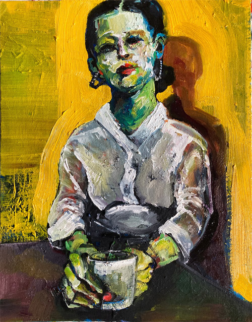 Expressionist figure in a white blouse holds a cup at a table, set against a vivid yellow background.