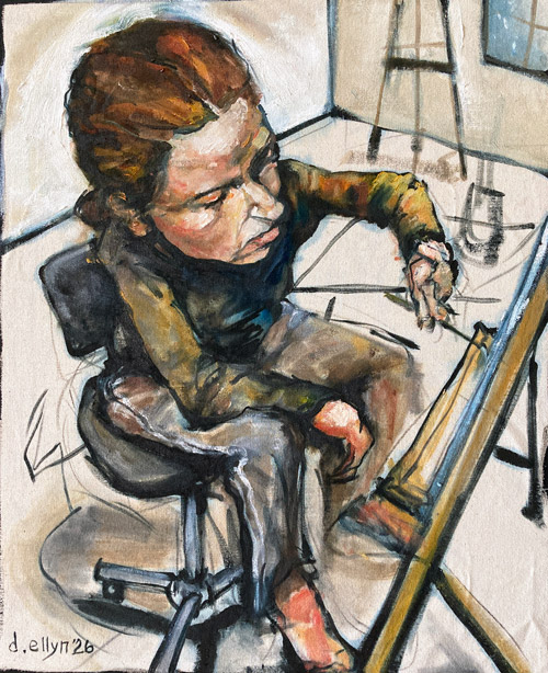 Woman seated on a rolling studio chair painting at an angled easel from an elevated viewpoint