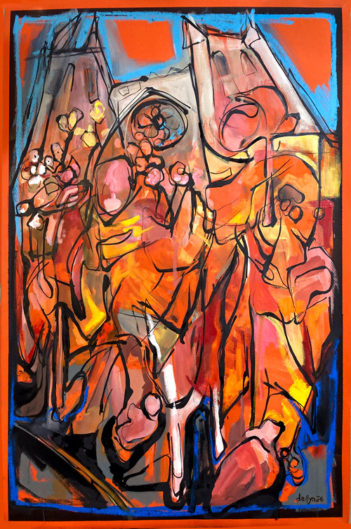 Peace Walk is interlocking abstract figures outlined in bold black lines against vivid orange and blue geometric forms.