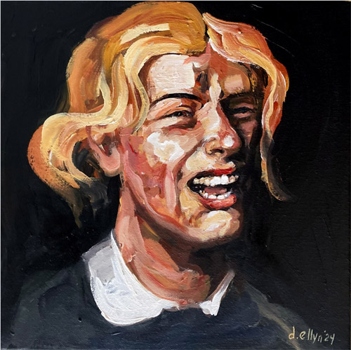 Laughing blonde man in close-up portrait, painted with bold, expressive brushstrokes against a dark background
