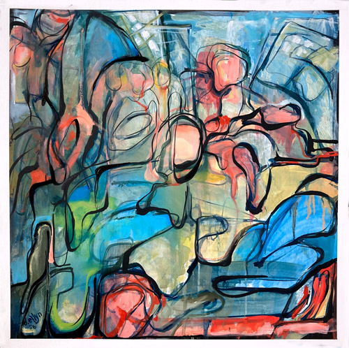 Abstract composition of intertwined organic forms in soft blues, pinks, and greens with sweeping black lines suggesting overlapping figures and compressed space