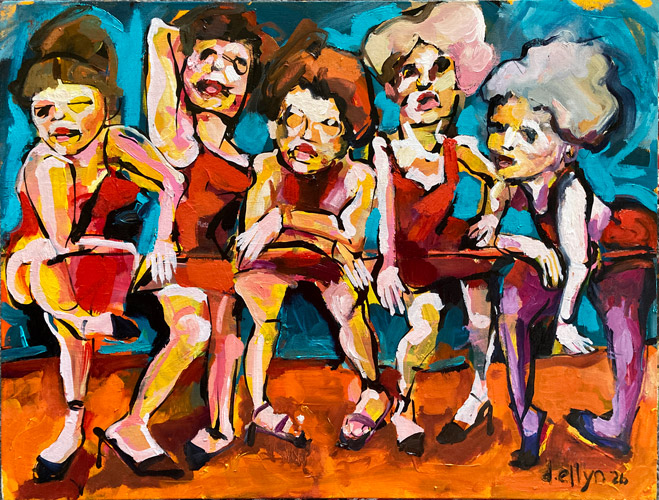 Six women lined up at a dance barre in bold reds, yellows, and teal with exaggerated features, oil on canvas board