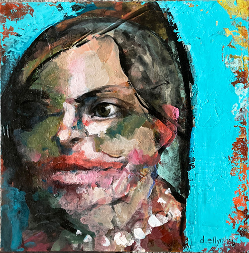 Expressionist portrait with partially obscured face in muted flesh tones against vivid turquoise background with rust edges