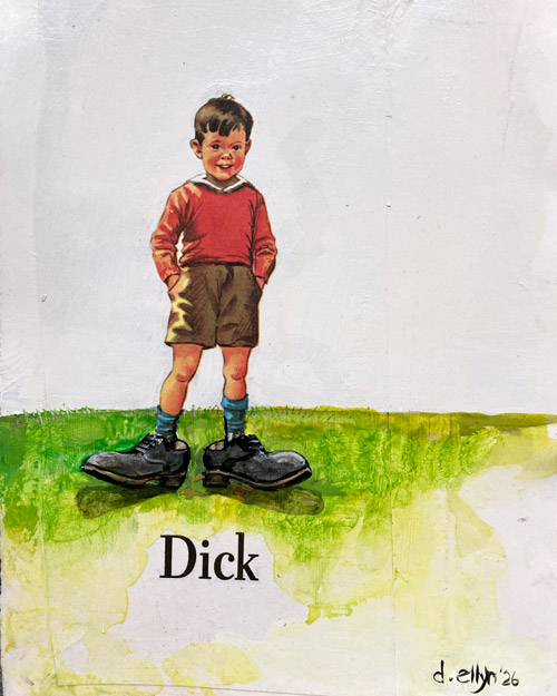 Dick and Jane book character standing in comically oversized Florsheim black dress shoes on painted green grass