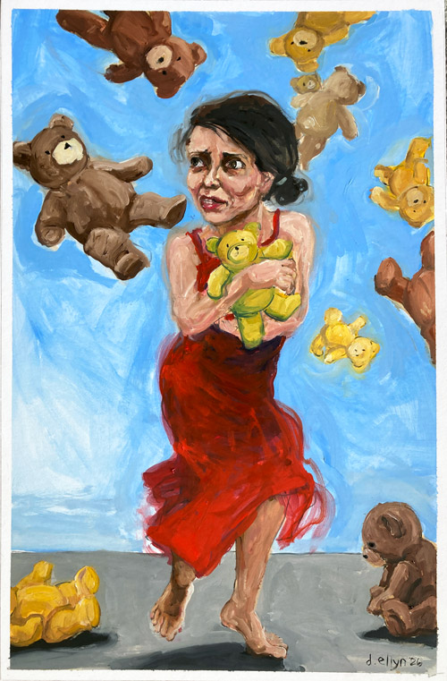 Woman in a red dress clutching a teddy bear while more bears fall and scatter around her against blue