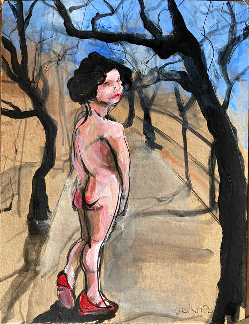 Nude figure in red heels glancing back on a tree-lined path under blue sky, acrylic on raw cardboard.