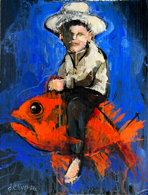 Barefoot boy in a white hat and vest riding a giant orange koi fish through deep blue, acrylic on board