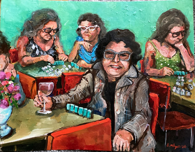 Woman seated at a table holding a glass of wine while others play mahjong behind her, with tiles, cards, and expressive faces in a social setting.