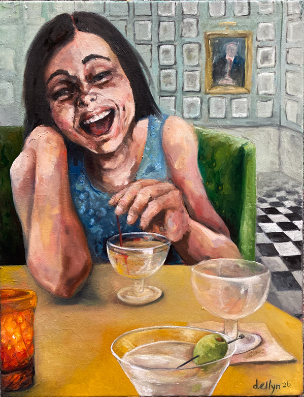 Laughing woman at a restaurant table with multiple cocktails, in a velvet green booth, and an empty place setting across from her