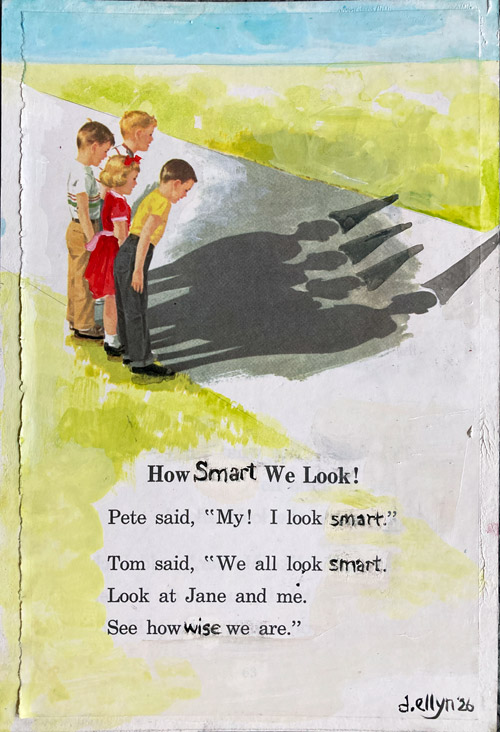 Dick and Jane children casting long dark shadows on a sidewalk with text reading How Smart We Look