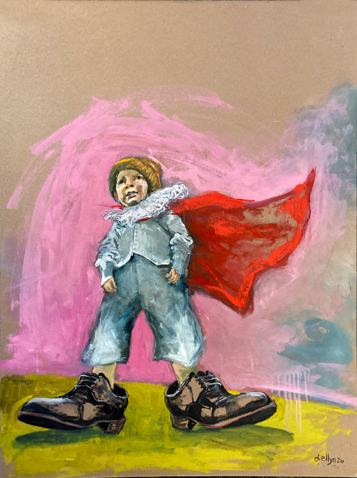 Small Pierrot figure in ruffled costume and red cape standing in oversized black Florsheim dress shoes on raw chipboard.