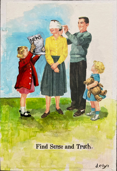 Dick and Jane family scene with blindfolded mother, girl holding newspaper, and text Find Sense and Truth