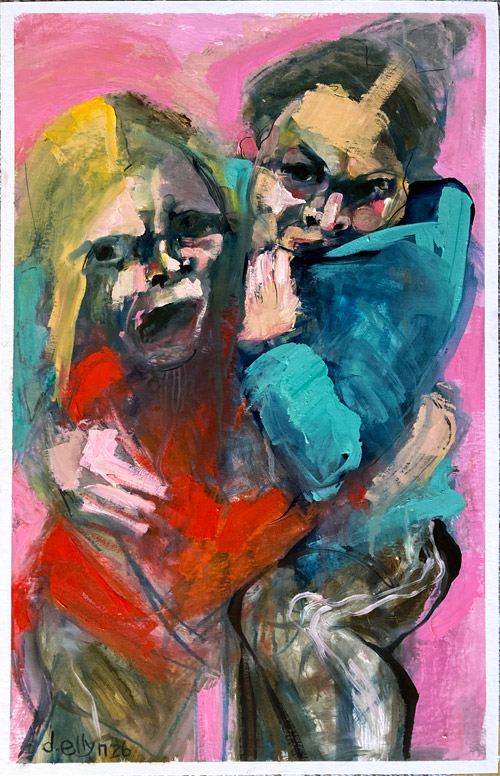 Two figures clutching each other in red and teal against a hot pink background, expressive oil on mat board.