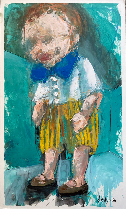 Oil painting of a small child standing stiffly in a blue bow tie, white shirt, and yellow shorts against a teal background
