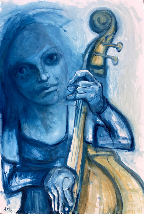 Blue-toned figure gripping the neck of a golden upright bass, oil on watercolor board by Dana Ellyn