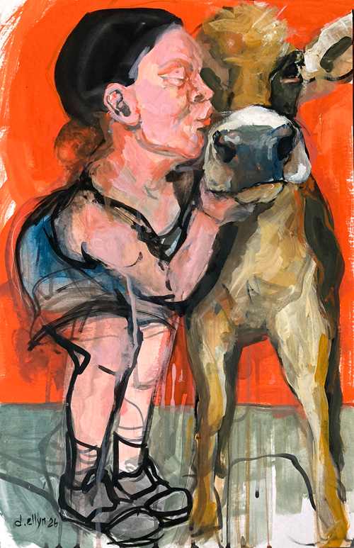 Child leans tenderly into a young calf in quiet connection against vivid red-orange background, acrylic on mat board.