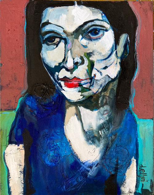 Expressive oil portrait of a dark-haired woman in blue against a rose and teal background by Dana Ellyn
