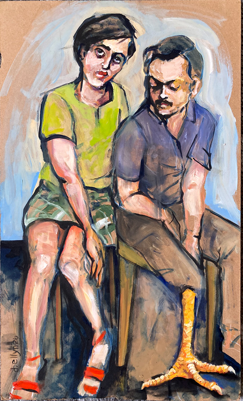 Fowl Play, 13x22 oil on masonite by Dana Ellyn — two seated figures in expressionist style, one with a chicken leg foot