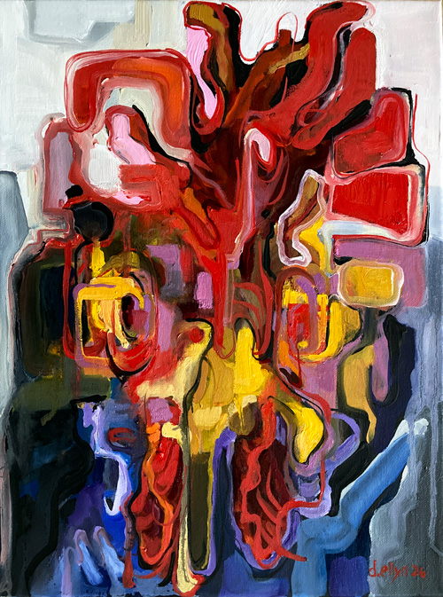 Free Range, an abstract oil painting in vivid reds, yellows, and purples with swirling organic forms against a cool gray ground by Dana Ellyn