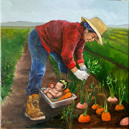 Oil painting of a field worker harvesting carrots with a sleeping baby holding an anchor nestled in the basket among the crop