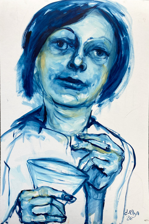 Woman holding a martini glass and cigarette in blue monochrome tones, oil on watercolor board by Dana Ellyn