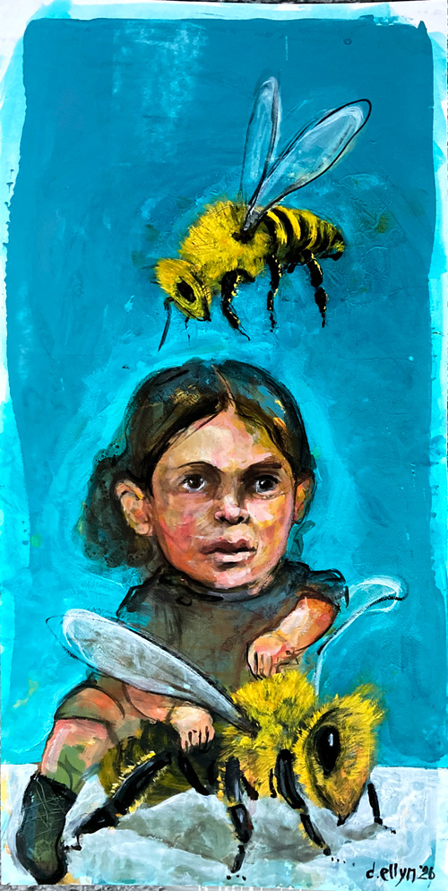 Painting of a wide-eyed child seated on the ground cradling an oversized bee while a second giant bee hovers above, set against a vivid teal background.