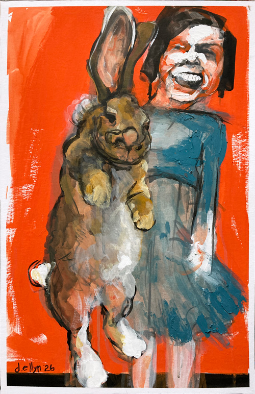 Grinning child in blue dress holds oversized rabbit against vivid red-orange background, acrylic on mat board.