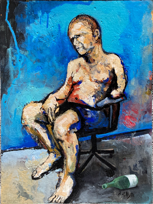 Acrylic painting of a seated nude male figure in an office chair against a vivid blue background with a fallen green bottle on the floor
