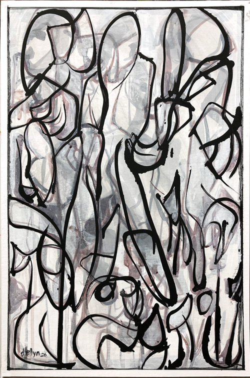 an abstract ink painting of overlapping figures in black contour and gray washes on mat board by Dana Ellyn