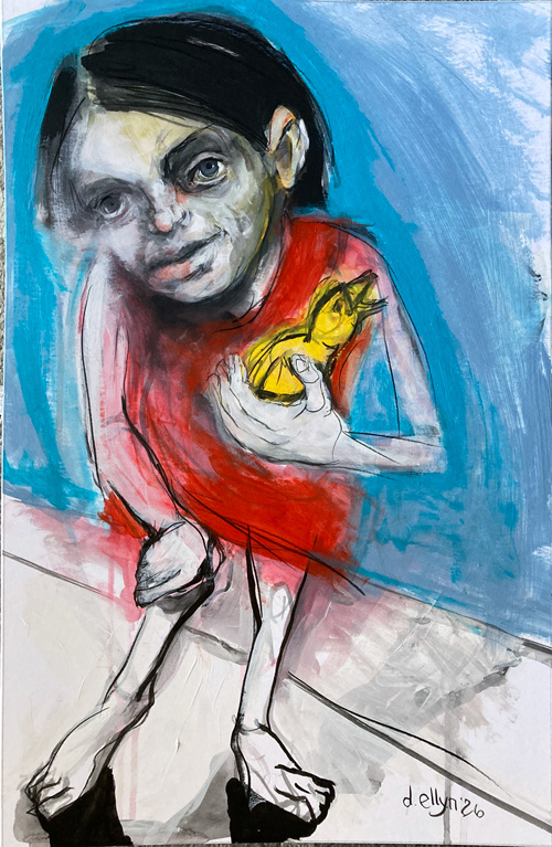 crylic painting of a figure in red holding a small yellow bird against a blue background, making direct eye contact with the viewer