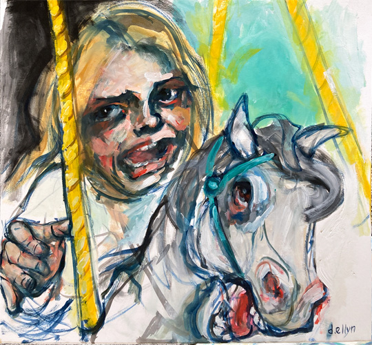 Oil painting of a blonde girl clutching a golden carousel pole next to a white horse with bared teeth against a teal background