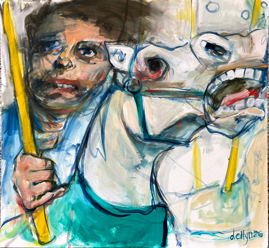 Oil painting of a dark-haired child gripping a yellow carousel pole beside a wide-eyed white horse with an open mouth in blue and teal tones