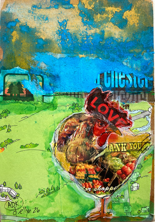 Chester Chicken, mixed media on paper by Dana Ellyn, a rooster filled with collaged imagery set against a green landscape and blue sky, 4.5x6.5 inches