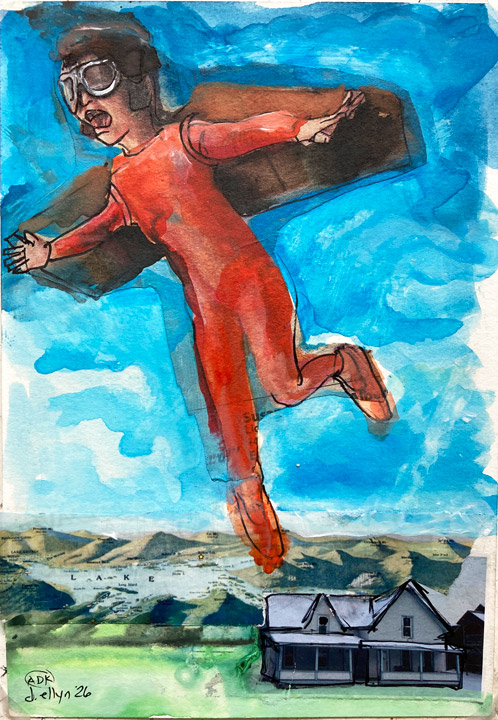 Flying Through the Adirondacks, mixed media on paper by Dana Ellyn, a figure in red with goggles soaring over mountains and a farmhouse, 5.5x7.5 inches